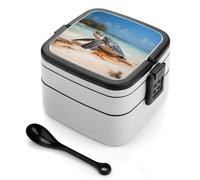 Sea Turtle on The Beach Bento Box, 2 Compartments Meal-Prep Containers, Stackable Lunch Box with Lids, Reusable Divided Food Storage Containers for Travel, And Work