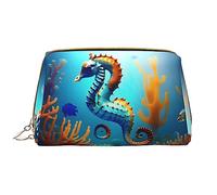 Seabed Coral Seabed - Neceser de piel de caballito de mar de coral, impermeable, bonito bolso de viaje con cremallera, juego de bolsa de almacenamiento de cosméticos para mujer, color marrón, White,