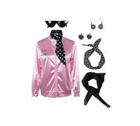 Seaehey Chaqueta de satén rosa para mujer de los 50 con bufanda de cuello, chaqueta bomber de satén de los 60 y 70, chaqueta vintage de estilo universitario y béisbol, chaqueta con cremallera