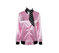 Seaehey Chaqueta de satén rosa para mujer de los 50s con bufanda de cuello, chaqueta bomber de satén de los 60s y 70s, chaqueta vintage de estilo universitario y béisbol, chaqueta con cremallera