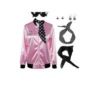 Seaehey Chaqueta de satén rosa para mujer de los 50s con bufanda de cuello, chaqueta bomber de satén de los 60s y 70s, chaqueta vintage de estilo universitario y béisbol, chaqueta con cremallera