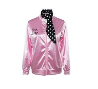 Seaehey Chaqueta de satén rosa para mujer de los años 50 con bufanda de cuello de los años 60 y 70, chaqueta bomber de satén vintage, chaqueta de béisbol universitaria, chaqueta de motociclista