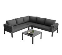 Seaforie Juego de muebles de jardín de 4 a 6 asientos, 1 mesa de café de vidrio templado, marco de hierro galvanizado, cómodos muebles de jardín, cojines de asiento y cojines grises, con patas