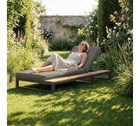 Seaforie Tumbona para patio al aire libre, sofá cama multifuncional impermeable, cama reclinable con estantes, Sun Lounger para patio, ángulo de respaldo ajustable, gris, lado derecho