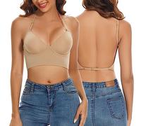 seagallery Sujetadores de espalda baja para mujer, con cuello en V profundo, sin espalda, con tirantes múltiples, convertible, con levantamiento de alambre, color carne, M