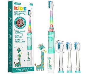 SEAGO Cepillo de Dientes Infantil Eléctrico Para Niños 3-12 Años Kids Con Luz de Colores,Temporizador Inteligente de 2 minutos, 4 Cabezales Suaves SG-EK6/SG-977 (Verde)