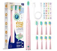 Seago Cepillo Electrico Infantil, Cepillo Dientes Electrico Infantil Recargable con Divertidas Pegatinas DIY, 8 Cabezal de Recambio, 5 Modes y Temporizador de 2 minutos, Rosa