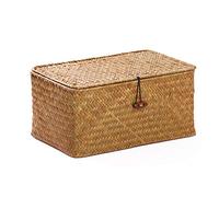 Seagrass Cestas Mimbre Decoración Cesto de Almacenaje Con Tapa Rectangular Tejido de Ratán Caja con Tapa (Pequeño 26cmx14cmx11cm H)