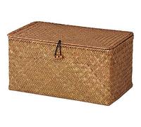 Seagrass Cestas Mimbre Decoración Cesto de Almacenaje Con Tapa Rectangular Tejido de Ratán Caja con Tapa (Mediano 30cmx18cmx15cm H)