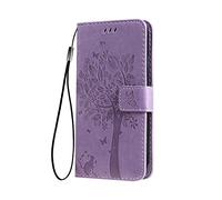 SEAHAI Funda para Motorola Moto E15 / Moto G05 Billetera Estuche, Diseño de Patrón Bastante Hojas y Gato en Relieve Funda de Cuero, Elegante Ultrafino Carcasa Case, Lavanda