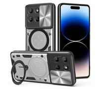 SEAHAI Funda para Motorola Moto G15 / Moto G15 Power, [Rugged Armour] Antigolpes Carcasa con Metálico Anillo Magnético Soporte y Cámara Deslizante Proteger, Anti-Caída Silicona Case - Plateado