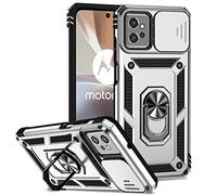 SEAHAI Funda para Motorola Moto G32, Estuche con 360 Grados Anillo Soporte y Cámara Deslizante Proteger [Grado Militar Anti-Caída] Silicona PC + TPU Bumper Antigolpes Carcasa - Plata