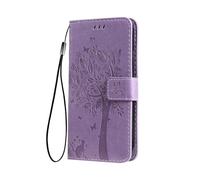 SEAHAI Funda para OPPO A6X / OPPO A6 5G/4G / OPPO A6K Billetera Estuche, Diseño de Patrón Bastante Hojas y Gato en Relieve Funda de Cuero, Elegante Ultrafino Carcasa Case, Lavanda