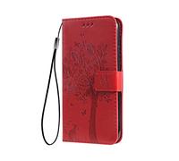 SEAHAI Funda para Realme C63/Realme C61/Realme Note 60/Realme Note 60X Billetera Estuche, Diseño de Patrón Bastante Hojas y Gato en Relieve Funda de Cuero, Elegante Ultrafino Carcasa Case, Rojo