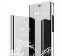 SEAHAI Funda para Samsung Galaxy S24 FE 5G Estuche, Espejo Carcasa Ultra Slim Ligero Flip Libro Clear View Standing Cover Mirror PC + PU Bumper Soporte Plegable Case - Plata
