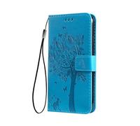 SEAHAI Funda para Vivo Y19s Billetera Estuche, Diseño de Patrón Bastante Hojas y Gato en Relieve Funda de Cuero, Elegante Ultrafino Carcasa Case, Azul