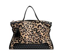 SeaHug Bolso grande de leopardo para mujer, con tachuelas, estampado de animales y guepardos, bolsos punk, borla, remaches, Negro , large