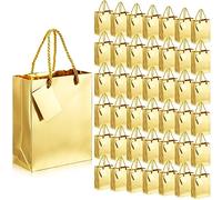 Seajan Paquete de 50 bolsas de regalo metálicas doradas con etiquetas, acabado brillante, impermeables, con asas para fiesta de cumpleaños, aniversario, boda, baby shower