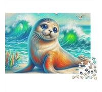 Seal 1000 Piezas Rompecabezas Regalo de Cumpleaños para Adultos Foca Junto a Olas del Mar al Atardecer Premium Grueso Resistente Vibrante Desafiante Alivio de Estrés 38x26cm/1000pcs