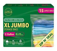 Seal Fresh Bolsas de almacenamiento de plástico grandes de 3 galones, 16 x 18 pulgadas (15 unidades) - Bolsas reutilizables XXL extra grandes y resistentes transparentes con cierre de cremallera para