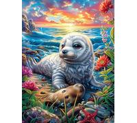 Seal on A Playa Tropical al Atardecer Puzzle 500 Piezas Familiar Creativo Fauna Mascotas Rompecabezas 3D para Familia Juguete Educativo Construir Maquetas Aliviar Estrés 500 PCS