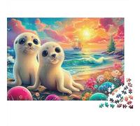 Seal Pup Playa 1000 Piece Recycled Cardboard Arte del océano del Atardecer Jigsaw Puzzle Set Fun Home Activity Challenge Great Gift for Housewarming Puzzle Lovers 70x50cm/1000pcs