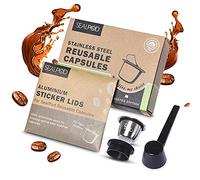 SEALPOD Cápsula reutilizable NES-presso, cápsula recargable compatible con máquina original NES-presso, acero inoxidable duradero, viene con tapa fresca, paquete de inicio [1 cápsula, 100 tapas]