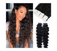 Seamless Tape in Hair Extensions, Cinta de onda profunda en extensiones de cabello humano for mujeres negras Extensiones de cabello humano rizado Cinta en extensiones Pegamento de trama de piel de dob