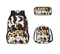SEANATIVE Bolsas escolares para niños y adolescentes, mochila con lonchera y estuche para lápices, 3 piezas, Vaca y gato
