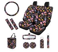 SEANATIVE Funda de asiento de coche con diseño floral de cinta rosa para mujer, posavasos, bolsa de basura, funda para volante, almohadillas para cinturón de seguridad, protector de espejo retrovisor,