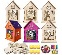 Seasboes 6 Artículos Niños Halloween Calabaza Kit Casa, Niños Calabaza Hecha a Mano Casa, Cabaña de Madera DIY con Velas LED, Montar Colorear una Casita Calabaza Kit, Decoraciones y Regalos Halloween