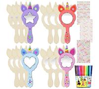 Seasboes Unicornio Manualidades, 12 piezas Princesa DIY Espejo de madera, Unicornio Manualidades, Espejo Manualidades Niños DIY Artesanía Hecho a Mano Mini Espejo de Madera Inacabado Espejo de Mano