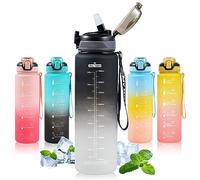 SEASEVEN Botella de agua de 1 litro con pajita, botella de plástico para bebidas, botellas de agua deportivas de 1 litro con marcas de tiempo, botella de agua para niñas y niños, a prueba de fugas y