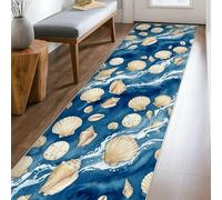 Seashell - Alfombra de corredor, costera de playa, dólar de arena, caracol de verano, azul marino, pelo bajo, rectangular, borde para cocina, mesita de noche, entrada, pasillo, decoración de 2 x 8