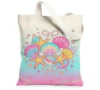Seashell - Bolsa de lona para mujer, verano, playa, estrella de mar, perla, verano, melocotón, lavable, reutilizable, bolsa de mercado para compras, brunch, parque, biblioteca, excursiones, 13 x 15