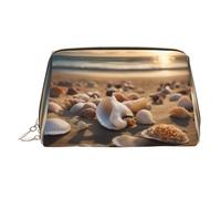 Seashell Landscape On The Beach - Estuche de belleza portátil con estampado de conchas, bolsa de viaje compacta con ranuras interiores organizadas para uso diario, Gold, One Size