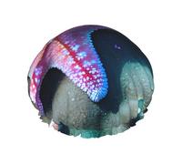 Seashells - Gorro de baño reutilizable con estampado de estrella de mar, cubierta de doble capa para cabello largo y grueso, casco de 10.6 pulgadas