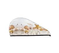 Seashells Starfish on Beach Toalla de secado de cabello impresa Secado rápido Absorbente Coral Velvet Dry Hair Cap con botón fijo para secar cabello largo y grueso