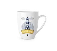 Seaside No.64 - Taza/cuenco de porcelana marítima con el texto "Schiff Ahoi", ancla y faro - Taza de café, taza de café, cuenco de cereales, desayuno y té (2 tazas)