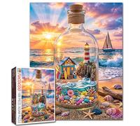 Seaside - Rompecabezas de 1000 piezas para adultos, faro de playa en botella de cristal, rompecabezas colorido del océano, puesta de sol, velero, obras de arte relajantes, desafiantes, divertidas