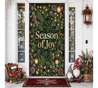 Season Of Joy - Cubiertas de puerta de Navidad con cita navideña de ramas | Letras doradas, pancarta de porche, detalles de piñas, iluminación ambiental cálida, follaje de invierno, saludo de temporada
