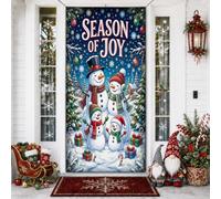 Season of Joy Snow Man Family Christmas Door Covers 91,4 x 183 cm | Ilustración familiar de hombre de nieve, pancarta de porche, horizonte de noche estrellada, paisaje de invierno