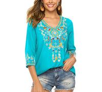 Seasonal - Blusa bordada para mujer, estilo bohemio, otoñal, túnica de estilo folclórico, hippie, floral, top holgado, manga 3/4, azul, XL