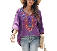 Seasonal - Blusa bordada para mujer, estilo bohemio, otoñal, túnica de estilo folclórico, hippie, floral, top holgado, manga 3/4, XXXL