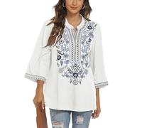 Seasonal - Blusa hippie para mujer estilo bohemio mexicano, manga 3/4, cuello en V, abotonada, túnica con bordado folclórico, L