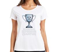 Seasonal Depression Champion Trophy Sad Face Divertido Regalo Camiseta Mujer, Blanco, XL