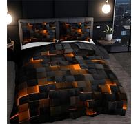 Seasonal Tech Feel Bedding Digital Print,3PCS Full Size Light Geometric Comforter Sets,Abstract Stereoscopic Grids Quilt Square Plaid Check Bed Set,Outer Space Bedding Set (Orange, Full)
