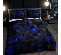 Seasonal Tech Feel Bedding Digital Print,3PCS Full Size Light Geometric Comforter Sets,Abstract Stereoscopic Grids Quilt Square Plaid Check Bed Set,Outer Space Bedding Set (Blue, Twin)