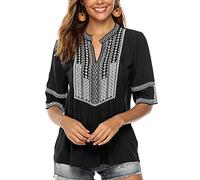 Seasonal Ucrania Mujeres Verano Blusa Túnica Folclore Bordado Tops Boho Hippie Mangas Cortas Tops Sueltos(058,Negro,M)