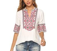 Seasonal Ucrania Mujeres verano blusa Túnica Folclore bordado Tops Boho Hippie Mangas cortas Tops sueltos(073,Blanco,XL)